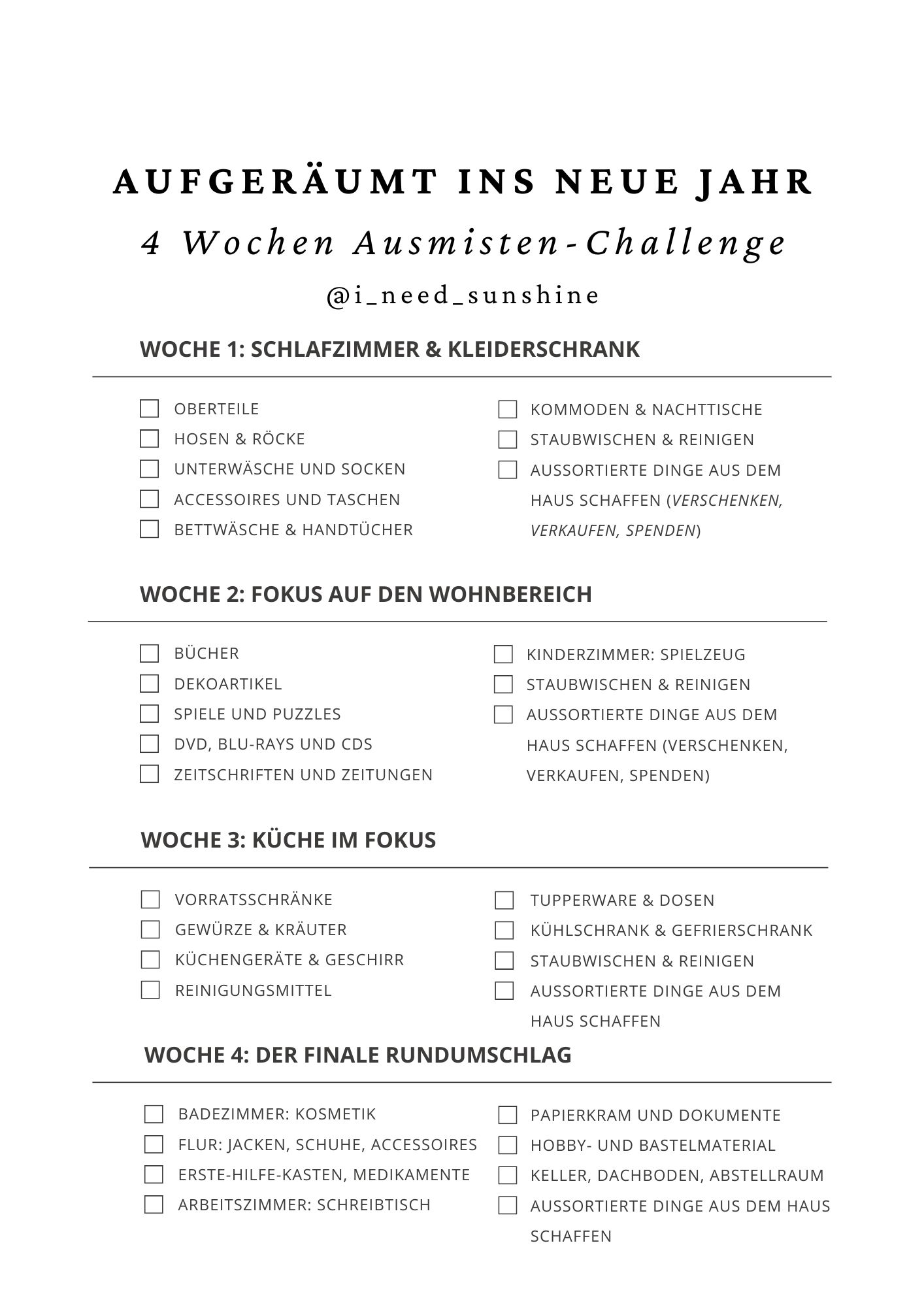 4 Wochen Ausmisten Challange Checkliste zum Ausdrucken kostenlos